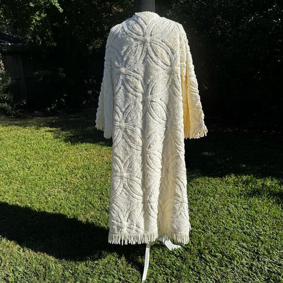 Handmade Chenille Duster Jacket, Fringe Upcycled Bedspread Boho Coat Cottage - Picture 2 of 11